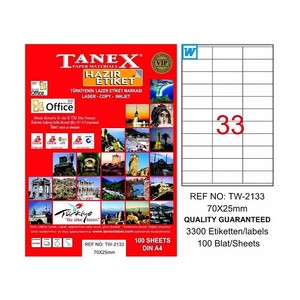 TANEX 2133 LASER ETİKET 70x25mm 33x100 3300 ADET